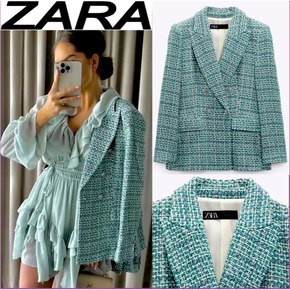 ZARA BUTTONED TEXTURED WEAVE BLAZER  GREE/BLUE SIZE S NEW - Picture 3 of 11